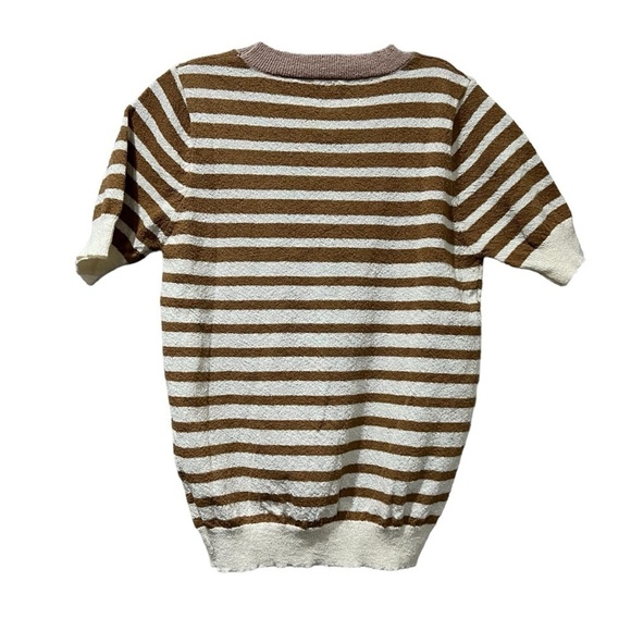 Hem & Thred Small Cream Tan Stripe Short Sleeve Crew Neck Sweater Top NWT B4 - Picture 2 of 5